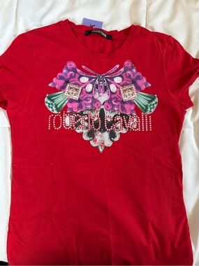 Roberto Cavalli Red Tee with Multicolor Embellished Floral Motif